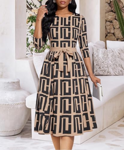 Image of Casual Dresses for Women Midi Church A-Line Fit and Flare Dress Crewneck 3 /4 Sleeve Party Dress