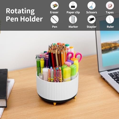 Image of Marbrasse Desk Organizer, 360-Degree Rotating Pen Holder, Desk Organizers and Accessories with 5 Compartments Pencil Holder, Art Supply Storage Box Caddy for Office, Home (White+Black)
