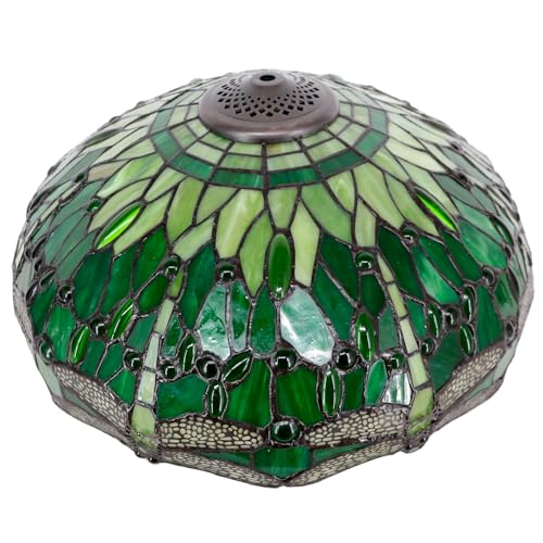 Image of 16 Inch Tiffany Stained Glass Lamp Shade Replacement Only (Green Dragonfly) | Fit For Table Lamps FLoor Lamp Ceiling Fixture Pendant Hanging Light Home Office Decoration