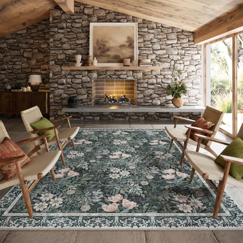 Image of Washable 8x10 Area Rug - Light Green Vintage Floral with Ornate Border, Soft Low Pile Carpet for Living Room, Dining Room Under Table, Bedroom Non-Slip, Stain Resistant & Durable