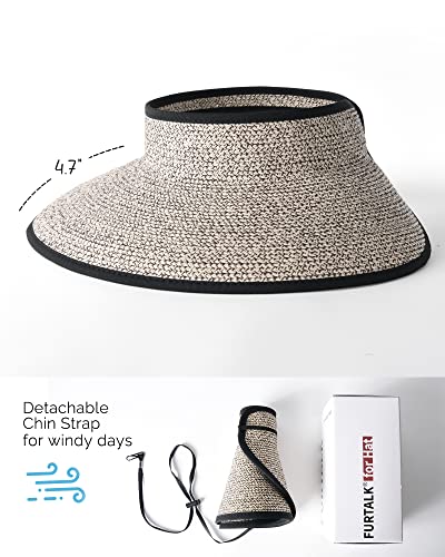 Image of FURTALK Womens Sun Hat with Ponytail Hole Wide Brim Beach Straw Visor | Foldable & Packable for Beach Vacations, Adjustable Fit for Messy Buns, Detachable Windproof Strap, Sweat-Wicking Inner Band