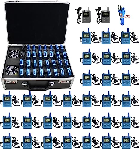 EXMAX ELGT-470 Sistema inalámbrico de transmisión de voz con 100 canales para turismo y conferencias (2 transmisores 30 receptores + estuche de carga de 32 ranuras) miniatura 1