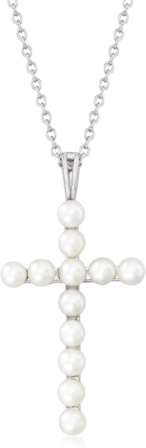 Ross-Simons 3.5-4mm Cultured Pearl Cross Pendant Necklace in Sterling Silver. 18 inches