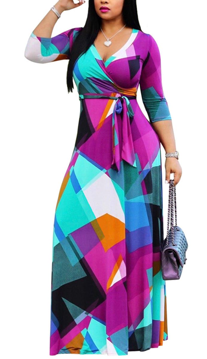 BFFBABY Women's Wrap V Neck Plus Size Maxi Dresses 3/4 Sleeves Chain Floral Printed Swing Dress with Belt