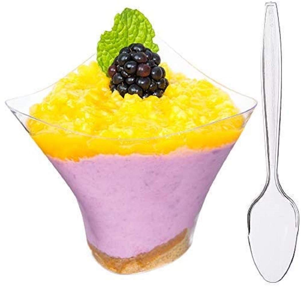 DLux 50 x 5 oz Mini Dessert Cups with Spoons, Large Swirl - Clear Parfait Appetizer Cup - Small Reusable Serving Bowl for Tasting Party Desserts Appetizers - With Recipe Ebook