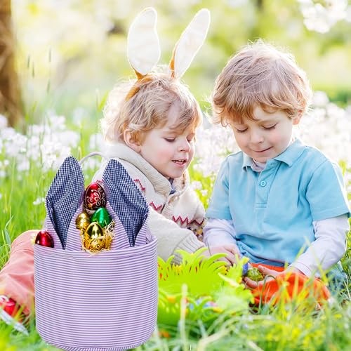 Image of Easter Basket Seersucker Egg Hunt Bunny Baskets for Kids with Cute Rabbit Ears Stripe Storage Gifts Candies Personalized Easter Party Gifts.