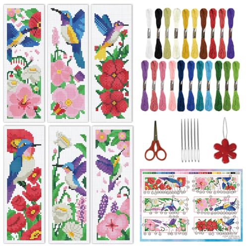 Image of INFUNLY 6pcs Hummingbirds Cross Stitch Bookmark Kit for Adults Beginners Flowers DIY Cross Stitch Kits Pre-Printed Plants Stamped Embroidery Bookmark Kit with Instruction for Book Lovers Readers