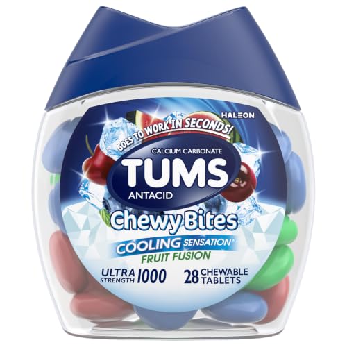 TUMS Chewy Bites Antacid Tablets, Cooling Sensation, Fruit Fusion, 28 Count