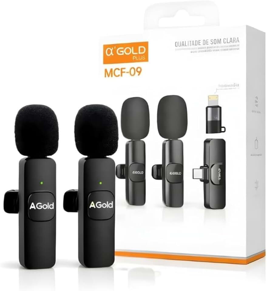 Microfone Lapela Sem Fio Duplo | Kit com 2 Microfones Profissionais Redução de Ruído | Compatível USB-C, Light | Plug & Play | Ideal para Vídeos, Podcast, Lives e Entrevistas Premium Agold