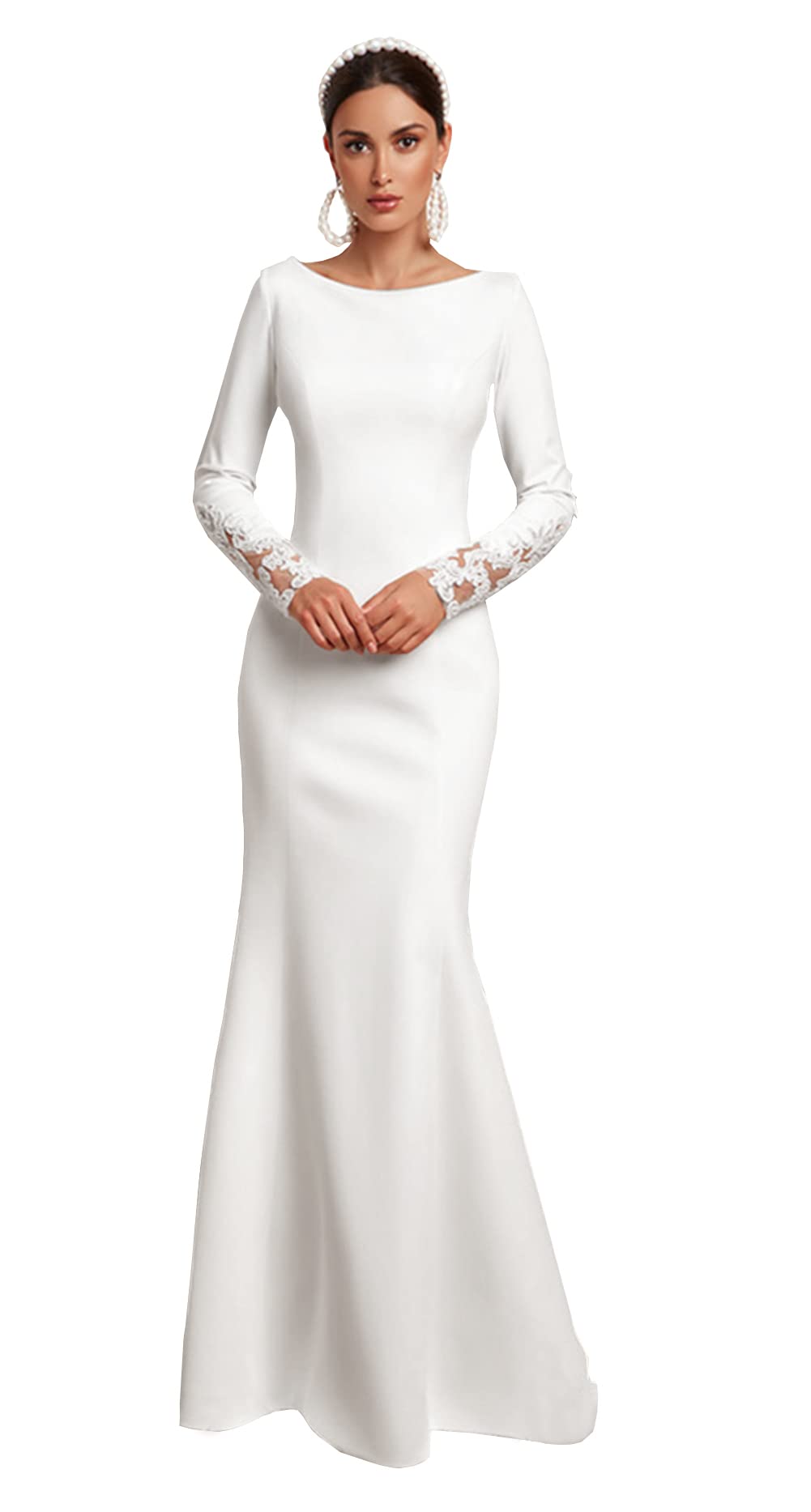 Emmani Women's Satin Mermaid Wedding Dresses Long Sleeves Appliques Bridal Gowns White