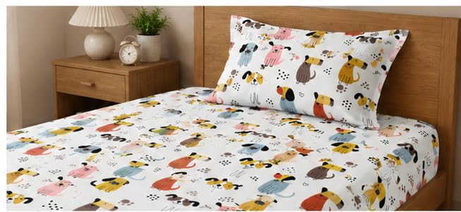 Image of Room Single Bedsheet with 1 Pillow Cover, Single Bed, Printed- 60 x 90 Inches (Cream)