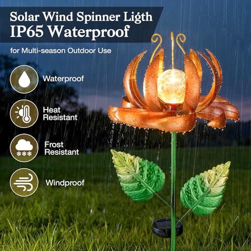 Image of Solar Yard Lights Wind Spinners- Metal Lotus Flower Garden Decor LED Crackle Glass Globe Yard Art Sculpture Solar Stake Lights for Patio Pathway Lawn Walkway (Yellow-Large)
