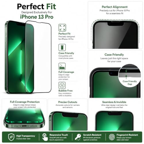Image of Tempered glass for iPhone 13 Pro (6.1 Inch), 9H Hardness, HD Clear, Bubble Free, Case Friendly, Scratch Resistant, Screen Protector Full HD Quality, Edge to Edge Coverage, Easy Installation (iPhone 13 Pro), Pack of 1