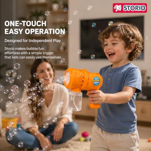 Image of Storio Automatic Bubble Gun for Kids, Rechargeable Electric Bubble Machine with Solution, One Touch Bubble Blower Toy for Indoor Outdoor Party, Gift for Toddlers Boys Girls - Orange