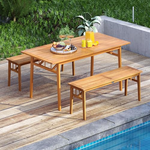 Tangkula 63-Inch Acacia Wood Outdoor Dining Table for 6, Large Rectangular Patio Dining Table with 1.97" Umbrella Hole, 6-Person Indoor Outdoor Table for Kitchen Deck Garden Backyard - Thumbnail 2