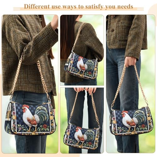 Shoulder Bags for Women Farm Chicken Rooster Flower Hobo Tote Handbag Small Clutch Purse with Zipper Closure 5