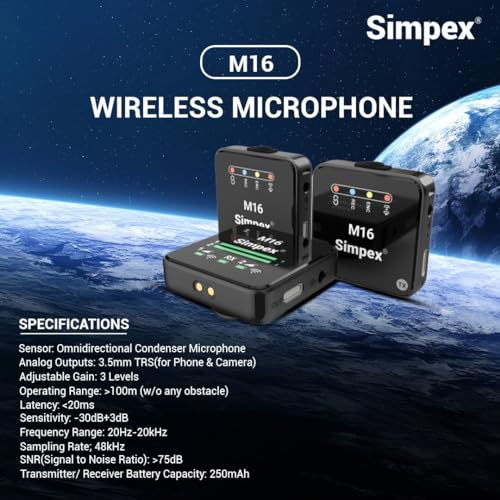 Image of Simpex M-16 Wireless Microphone System with ANC Noise Reduction, 360 Sound Capture, 100M Range, Upto 12 Hrs Working Time, for DSLR Camera, Android & iOS Smartphones, Seamless Audio Recording