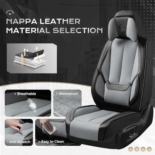 Image of Coverado Seat Covers, Car Seat Covers Front Seats, Car Seat Cover, Car Seat Protector Waterproof, Seat Cushion Nappa Leather with Head Pillow, Carseat Cover Universal Fit for Most Cars (Black&Gray)