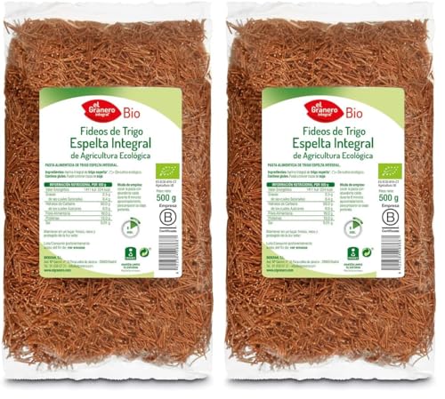 El Granero Integral - Fideos de Trigo Espelta Integral BIO - 500 g - Fuente Rica en Proteínas - Alto Aporte Energético - Ideal para Todas las Recetas de Pasta - Aptos para Veganos (Paquete de 2)