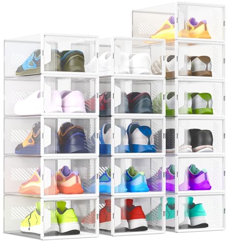 Unique Impression 16 Pack Shoe Storage Box - Clear Stackable Boxes - Plastic Trainer Storage Boxes - Transparent Shoe Display Containers - Fits Up To UK 9.5 size men’s