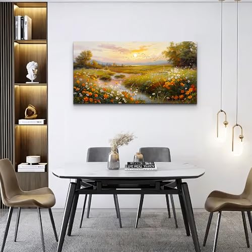 ERQINHUA Wall Art For Living Room Canvas Wall Decor For Bedroom Flower landscape Watercolour Painting Office Decoration Countryside Sunrise Scenery Wall Picture Ready To Hang Home Decor 20"X40"