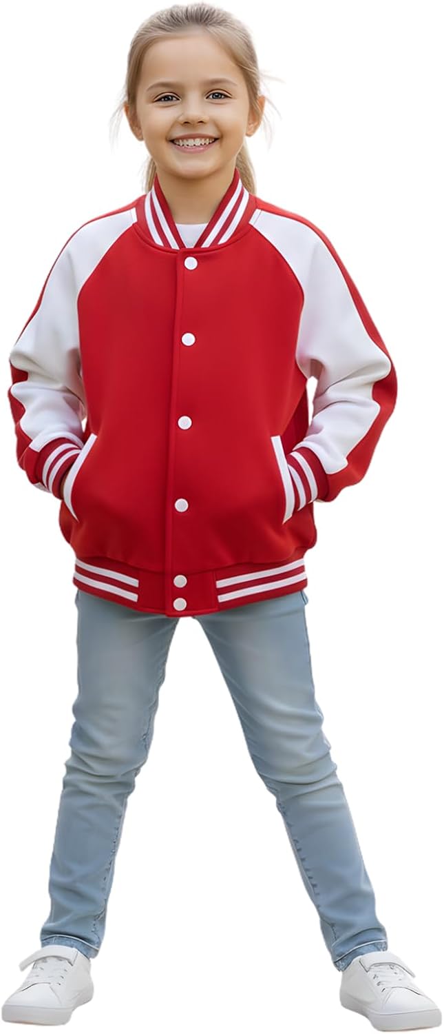 A2Z 4 Kids Baseball Contrast Jacket Varsity Style Coat - B.B Plain Jacket 002 Red 5-6