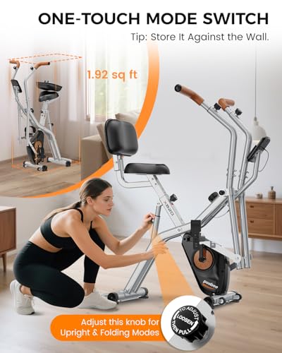 Image of pooboo Folding Exercise Bike, Foldable Upright Stationary Bike, Indoor Cycling Magnetic X-Bike with 8-Level Adjustable Resistance, 6.6 LBS Flywheel, 300LB Capacity, Back Support Cushion for Home Gym
