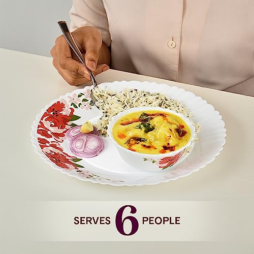 Image of Larah by Borosil 27pc Opalware Dinner Set | for Family of 6 | Microwave & Dishwasher Safe | Bone-Ash Free | Crockery Set for Dining & Gifting | Plates & Bowls (Rose RED)