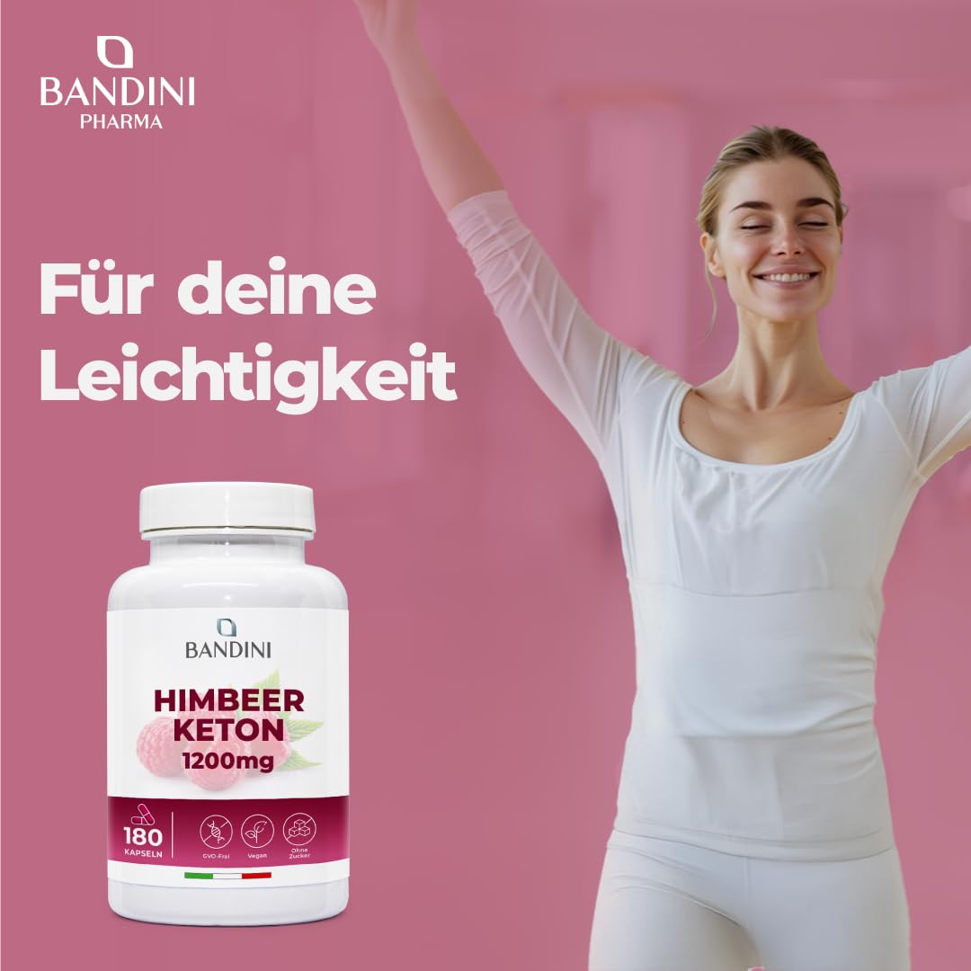Bandini® Himbeer Keton 1200 mg - Raspberry Ketone mit Himbeerfruchtextrakt - 180 Kapseln für 6 Monate - 100% Vegan Himbeerketon Supplement - Ideal für Keto-Diät & Low Carb - Ohne Magnesiumstearat