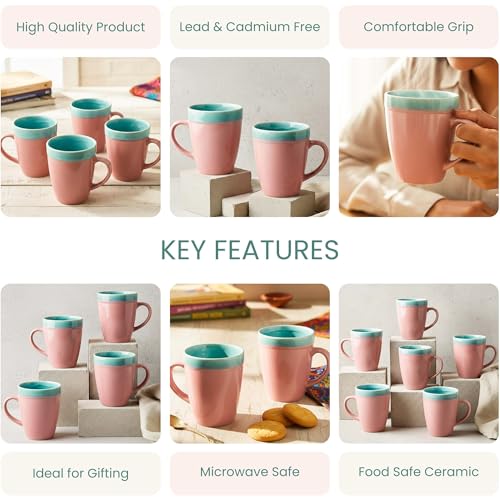 Image of The Earth Store Pink Flow Coffee Mug - 340ML Ceramic Coffee Mugs Set of 2 | Microwave & Dishwasher Safe Mugs for Gift | Home | Office | Restaurant | Daily Use Tea Mug