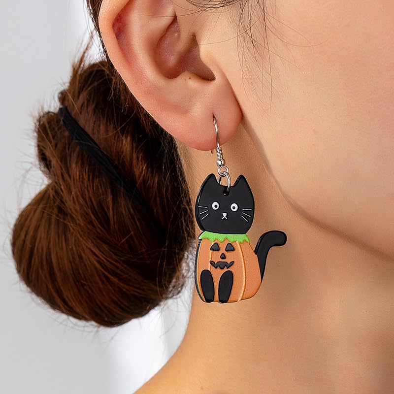 Halloween Acrylic Pumpkin Earrings Cute Cartoon Cat Printed Dangle Earrings for Women Lightweight Spooky Party Costume Jewelry - Image 2