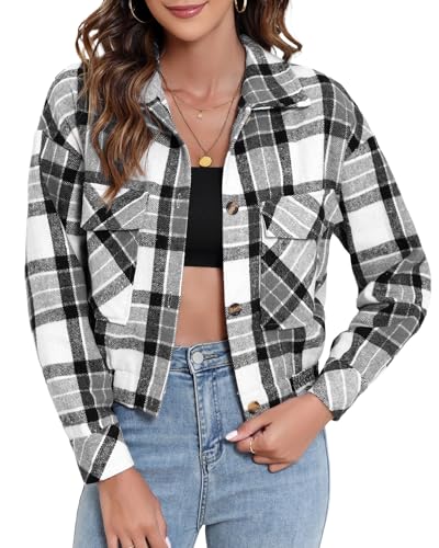 Women Cropped Flannel Jacket 2025 Fall Fashion Plaid Shacket Casual Button Down Outfit Shirts2