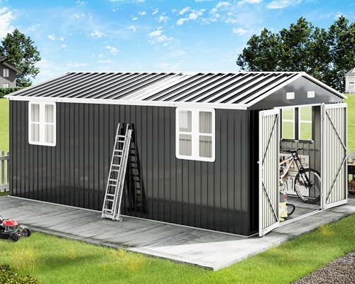 AMERLIFE-10x16x72-FT-Metal-Storage-Shed-with-2-Transparent-Panels-Outdoor-Tool-Shed-with-Hinged-Double-Doors-Windows-Vents-Reinforced-Steel-Frame-for-Backyard-Garden-DIY-Workshop-Dark-Gray