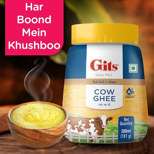 Image of Gits Cow Ghee 200 ml Jar | Pack of 2 | Aroma in every drop |Pure Veg, Pure Cow Ghee, Desi Ghee, No preservatives | Rich Taste & Aroma | Good source of Vitamin A, Delicious, Healthy & Nutritious | Good for Digestion, Heart, Skin and Hair | Homemade taste