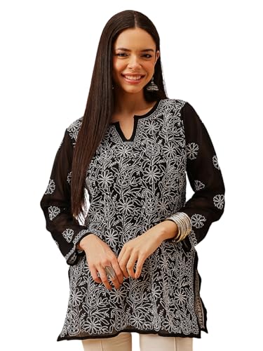 Image of Ada Women's Georgette Regular Fit Chikankari Hand Embroidered Lucknow Short Kurti Top A911224