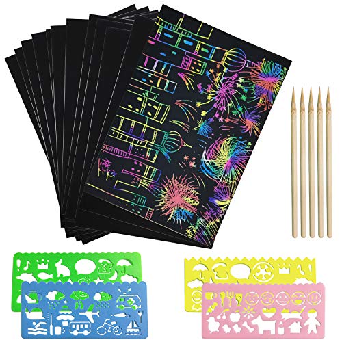 Dessin Gratter pour Enfants, Feuilles à Gratter Papier Gratter Carte pour Écriture avec 4 Règles de Gabarit pour Gabarit de Dessin et 5 Stylets en Bois (50 Feuilles) Cover