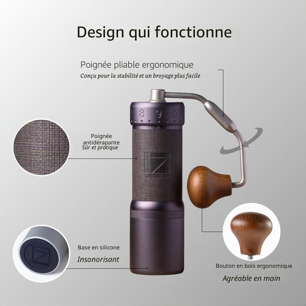 1Zpresso J-Ultra Moulin à café manuel gris fer, fraise conique, poignée pliable, tasse magnétique de 40 g, réglage numérique fin, efficacité de broyage plus rapide, idéal pour expresso (gris fer)