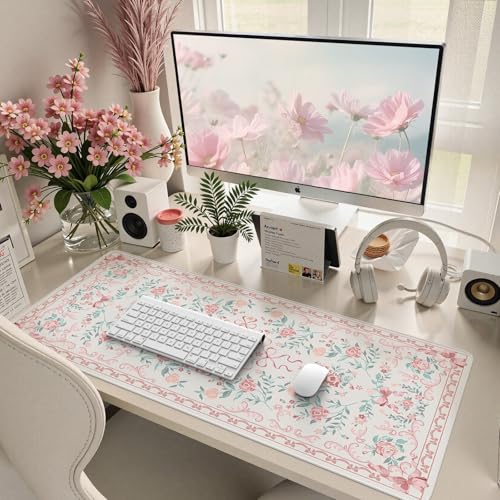 HAOCOO Pink Bow Desk Pad for Keyboard and Mouse, Non-Slip Large Mouse Pad, Cute Desk Matt for Desktop, Computer Mat with Edge Stitching for Office, Waterproof Desktop Protection