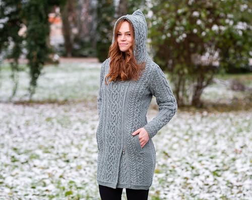 Image of SAOL Ladies Irish Aran Zip Cardigan - 100% Merino Wool Coat with Pockets and Hood, Made in Ireland