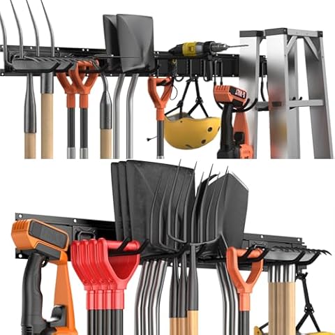 96 Inch Garage Storage Wall Organizer Rack, Heavy Duty Metal Tool Organizer Wall Mount with 16 pcs Adjustable Hooks for Garage Organization, Steel Wall-Mounted Yard Tool Storage System Holder for Chai Cover