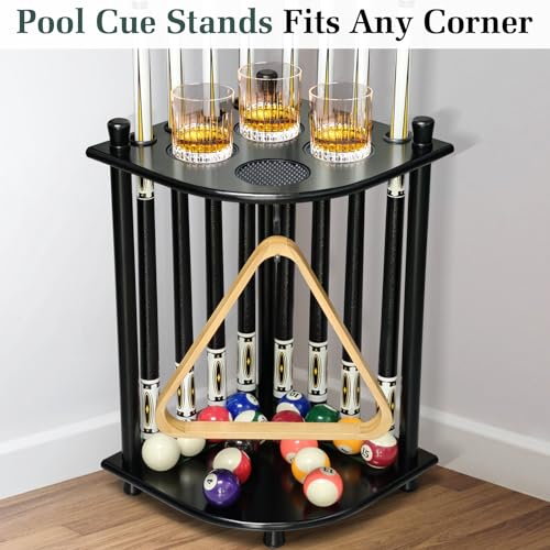 Pool Stick Holder Floor Stand, Pool Cue Rack Holder up to 8 Cues Sticks, Solid Wood Billiards Stick Holder Pool Stick Stand Corner for Game Room, Club,Pool Table Accessories (Black) - Image 4