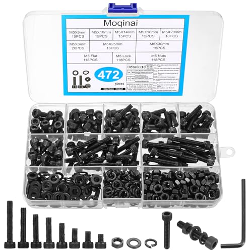 Moqinai 472 Stück M5 Schrauben Set M5 Zylinderschrauben mit Innensechskant Schrauben Muttern Set Schwarze Schraube und Unterlegscheiben Sets Gewindeschrauben Muttern Sets Fahrrad Schrauben