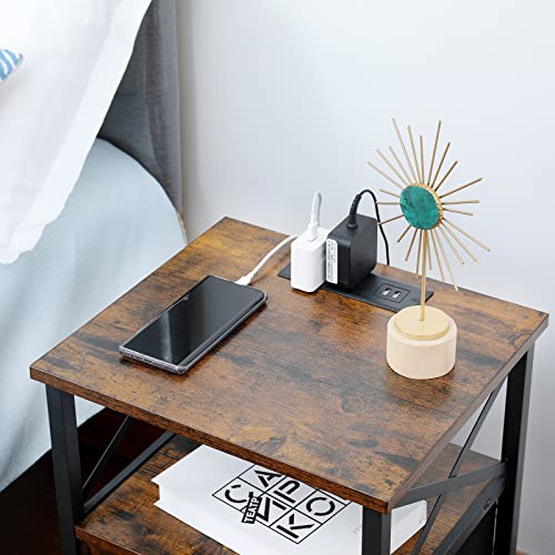 Amhancible End Table With Charging Station, Nightstand Set Of 2 With Fabric Drawer, Small Side Table Living Room With Usb Ports And Outlets For Small Spaces Bedroom Rustic Brown And Black #TOP5