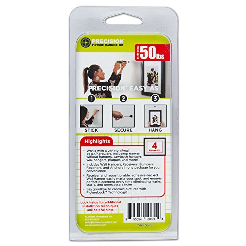 Image of Precision Picture Hanging Kit, 4 Picture Kit, Hangs up to 4 Frames, for use with D-Ring, Sawtooth, Wire, and Keyhole Frames, Holds Up to 50 lbs., Reposition Adhesive