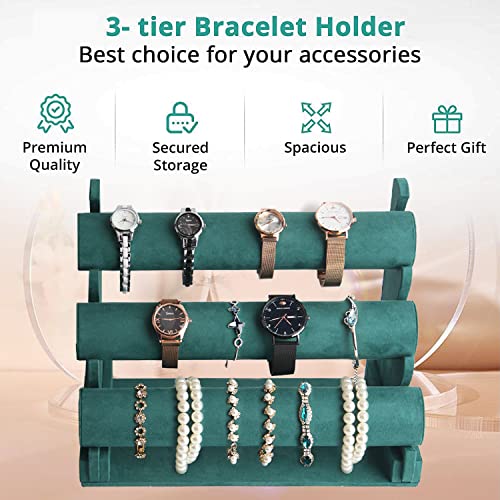 Image of Barelove Velvet Bracelet Holder with 3 Tier Rack, Green T-Bar Storage Organizer Detachable Display Stand for Necklace Watch Bangles Bracelets Scrunchies Organization Showcase
