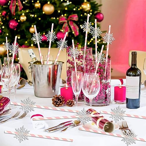Serencatcher 50pcs pitillos de papel con copo de nieve rosa miniatura 6