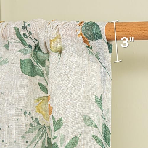 Image of MYSKY HOME Floral Kitchen Curtains 24 Inches Linen Tier Curtains 2 Panesl | Farmhouse Green Flower Patterned Small Window Treatments Airy Light Filtering Rod Pocket for Living Room Bathroom, Each 26 inch W