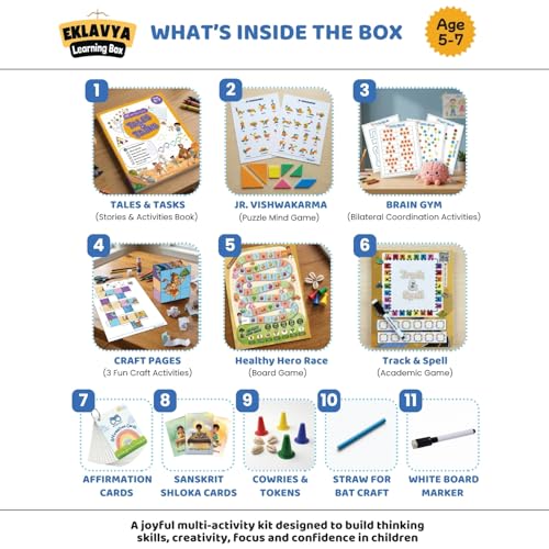 Image of SHASWATSTUDY 2-in-1 Eklavya Activity Box (Age 5-7) | Student Gift Kit with Story Book + Activity Games + Affirmations + Sanskrit Shlokas + Crafts & Puzzles