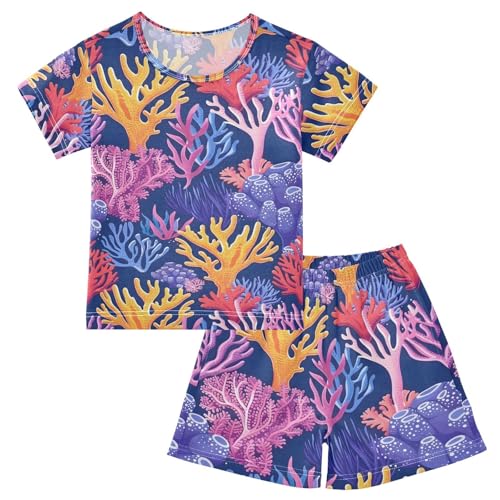 ALAZA Coral Reef Sea Pajamas Short Sleeve 2 Piece Sleepwear Top and Bottom Pajama Set Unisex