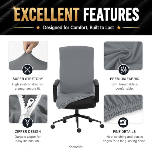 Image of Elastic Computer Chair Cover with Durable Zipper - Protective Removable Washable Universal Office Desk Chair Seat Slip Cover - Stretchy Soft Anti-dust Desk Chair Seat Protector - Mid Gray